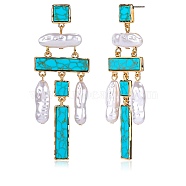 Synthetic Turquoise Rectangle Chandelier Earrings, Natural Pearl Long Drop Earrings with Alloy Pins, Turquoise, 82x29mm, Pin: 0.6mm(JE1132A)