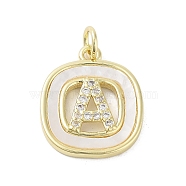 Rack Plating Brass Micro Pave Clear Cubic Zirconia Pendants, with Shell, Cadmium Free & Lead Free, Long-Lasting Plated, Real 18K Gold Plated, with Jump Ring, Letter A, 17.5x15x2.5mm, Hole: 3mm(KK-E102-33G-A)
