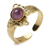 Natural Amethyst Finger Rings, Butterfly 304 Stainless Steel Open Cuff Rings, Real 18K Gold Plated, 13.5mm, Adjustable(RJEW-U027-05G-04)