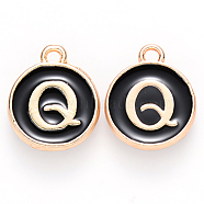 Golden Plated Alloy Charms, Cadmium Free & Lead Free, with Enamel, Enamelled Sequins, Flat Round with Letter, Black, Letter.Q, 14x12x2mm, Hole: 1.5mm(ENAM-S118-02Q)