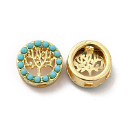Alloy Slide Charms, with Synthetic Turquoise, Flat Round with Tree of Life, Golden, 12x5.5mm, Hole: 1.8mm & 2.1x7.7mm(PALLOY-B009-12G)
