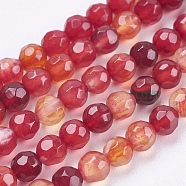 Natural Agate Beads Strands, Faceted, Round, Dyed, FireBrick, 4mm, Hole: 0.5mm, about 92pcs/strand, 14.7 inch(37.4cm)(G-P365-01-4mm)