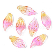 Two Tone Frosted Transparent Spray Painted Glass Pendants, with Glitter Powder, Leaf, Hot Pink, 30x14x3.5mm, Hole: 1mm(GGLA-S054-016H-03)