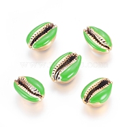 Electroplated Cowrie Shell Beads, with Enamel, Undrilled/No Hole Beads, Golden, Lime Green, 18~22x13~15x7~8mm(BSHE-G019-01G-J)