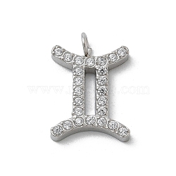 304 Stainless Steel Micro Pave Cubic Zirconia Charms, Constellation, Gemini, 13x9x2mm, Hole: 1.8mm(STAS-Z107-09P-08)