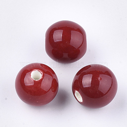 Handmade Porcelain Beads, Bright Glazed Porcelain, Round, Dark Red, 14~14.5x13.5~14mm, Hole: 2.5~3mm(PORC-S499-02F)