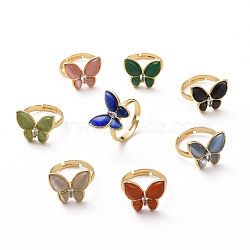 Cat Eye Butterfly Adjustable Ring with Clear Cubic Zirconia, Real 18K Gold Plated Brass Jewelry for Women, Cadmium Free & Lead Free, Mixed Color, Inner Diameter: 18~21mm(RJEW-G258-01G)