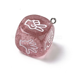 Transparent Resin Finger Guessing Game Dice Rock Pendants, with Glitter Powder and Platinum Tone Iron Loops, Dice Charm with White Gesture Pattern, Pale Violet Red, 31x27x27mm, Hole: 2mm(RESI-G064-01C)