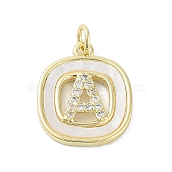 Rack Plating Brass Micro Pave Clear Cubic Zirconia Pendants, with Shell, Cadmium Free & Lead Free, Long-Lasting Plated, Real 18K Gold Plated, with Jump Ring, Letter A, 17.5x15x2.5mm, Hole: 3mm(KK-E102-33G-A)