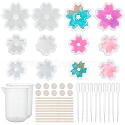 DIY Sakura Silicone Molds Kits, Include Birch Wooden Craft Ice Cream Sticks and Plastic Transfer Pipettes, Latex Finger Cots, Plastic Measuring Cup, White, 31.5x31.5x7.5mm, Inner Diameter: 26mm, 2pcs(DIY-OC0002-87)
