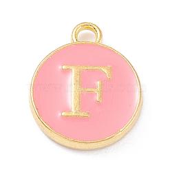 Golden Plated Alloy Enamel Charms, Enamelled Sequins, Flat Round with Alphabet, Letter.F, Pink, 14x12x2mm, Hole: 1.5mm(ENAM-Q437-14F)