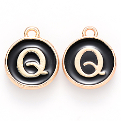 Golden Plated Alloy Charms, Cadmium Free & Lead Free, with Enamel, Enamelled Sequins, Flat Round with Letter, Black, Letter.Q, 14x12x2mm, Hole: 1.5mm(ENAM-S118-02Q)