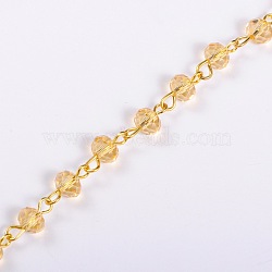 Handmade Rondelle Glass Beads Chains for Necklaces Bracelets Making, with Golden Iron Eye Pin, Unwelded, Goldenrod, 39.3 inch, Glass Beads: 6x4mm(AJEW-JB00037-01)