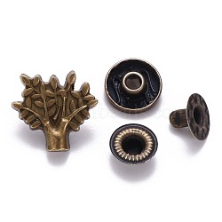 Brass Snap Buttons, Alloy Cap, Garment Buttons, Cadmium Free & Lead Free, Tree, Antique Bronze, Cap: 16x18mm, Pin: 3mm, Stud: 10x4mm, knob: 4.5mm & 10x6.5mm, knob: 3.5mm, Socket: 12x4mm, half-drill: 5mm(SNAP-S012-011-RS)