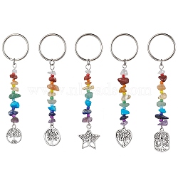 Tree of Life Tibetan Style Alloy Pendant Keychains, with Natural Gemstone Chip Beads and Iron Split Key Rings, Mixed Shapes, 10.1~10.5cm(KEYC-JKC00689)