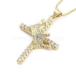 Brass Micro Pave Clear Cubic Zirconia Pendant Necklaces, Cross with Crown, Real 18K Gold Plated, 17.52 inch(445mm)(NJEW-B101-07G-01)