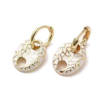 Oval Real 18K Gold Plated Brass Dangle Hoop Earrings, with Enamel, White, 21.5x11.5mm