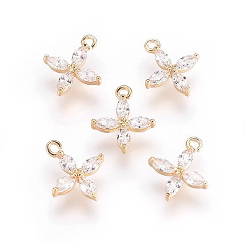 Real 18K Gold Plated Brass Cubic Zirconia Charms, Flower, Nickel Free, 12x9.5x2mm, Hole: 1mm