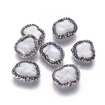 Natural Cultured Freshwater Pearl Beads, with Polymer Clay Rhinestone, Nuggets, Black, 15~17x17~20x4~6mm, Hole: 0.8mm