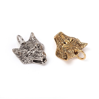 304 Stainless Steel Pendants, with Jump Rings, Wolf Head, Mixed Color, 33x30x15mm, Jump Ring: 13x2mm, Inner Diameter: 9mm