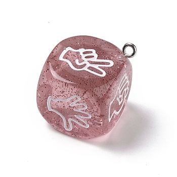 Transparent Resin Finger Guessing Game Dice Rock Pendants, with Glitter Powder and Platinum Tone Iron Loops, Dice Charm with White Gesture Pattern, Pale Violet Red, 31x27x27mm, Hole: 2mm