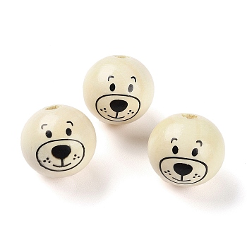 Spray Painted Natural Wood European Beads, Large Hole Beads, Round with Printed Bear , Beige, 25mm, Hole: 6mm, about 100pcs/500g