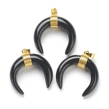 Natural Obsidian Pendants, with Golden Brass Findings, Double Horn/Crescent Moon, 31~33x30x10mm, Hole: 6x4mm