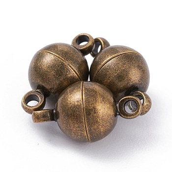 Round Brass Magnetic Clasps with Loops, Antique Bronze, 11.5x6mm, Hole: 1.2mm