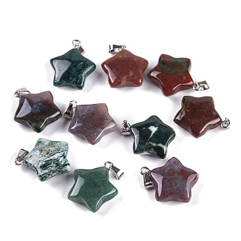 Natural Indian Agate Pendants, Star Charm with 201 Stainless Steel Snap on Bails, Stainless Steel Color, 20~21x17~19x7~8mm, Hole: 6x3mm