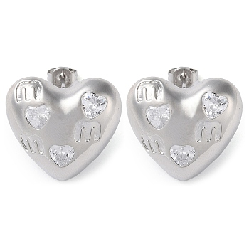 Heart Brass Micro Pave Clear Cubic Zirconia Stud Earrings, Long-Lasting Plated, Lead Free & Cadmium Free, Platinum, 19.5x21mm