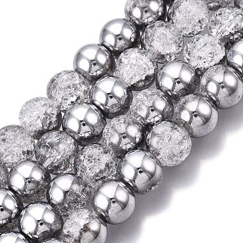 Electroplated Crackle Glass Beads Strands, Half Plated, Round, Silver, 10~10.5mm, Hole: 1.2mm, about 41~42pcs/strand, 14.76~14.96 inch(37.5~38cm)