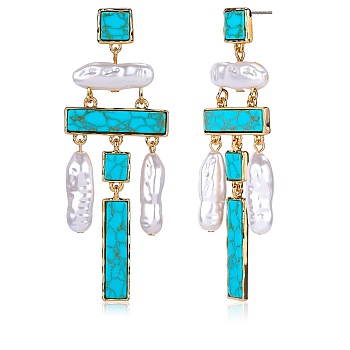 Synthetic Turquoise Rectangle Chandelier Earrings, Natural Pearl Long Drop Earrings with Alloy Pins, Turquoise, 82x29mm, Pin: 0.6mm