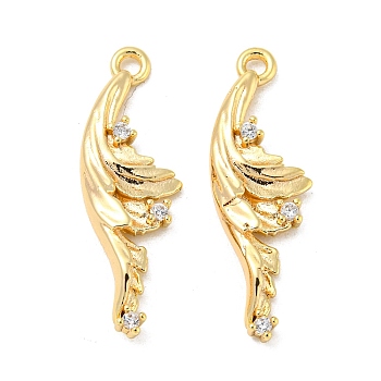 Brass Micro Pave Clear Cubic Zirconia Pendants, Leaf, Real 18K Gold Plated, 22x7x3mm, Hole: 1.2mm