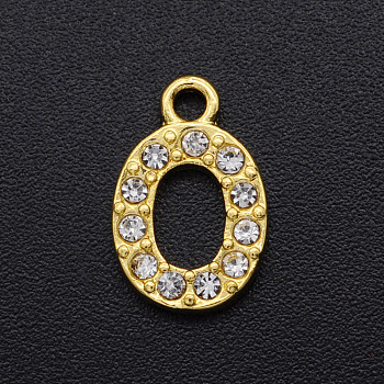 Alloy Rhinestone Charms, Golden, Crystal, Letter, Letter.O, 12x10x2mm, Hole: 1.5mm