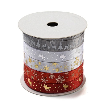 10M  5 Colors Hot Stamping Christmas Polyester Ribbons Set, for Gift Wrapping, Mixed Color, 3/8 inch(9.5mm)