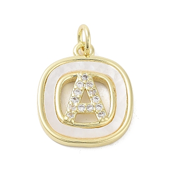 Rack Plating Brass Micro Pave Clear Cubic Zirconia Pendants, with Shell, Cadmium Free & Lead Free, Long-Lasting Plated, Real 18K Gold Plated, with Jump Ring, Letter A, 17.5x15x2.5mm, Hole: 3mm