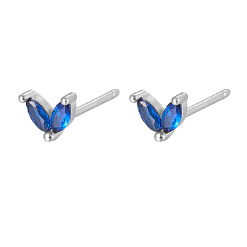 Silver 925 Sterling Silver Micro Pave Cubic Zirconia Stud Earrings, Leaf, Blue, 5.5mm