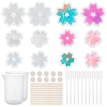 DIY Sakura Silicone Molds Kits, Include Birch Wooden Craft Ice Cream Sticks and Plastic Transfer Pipettes, Latex Finger Cots, Plastic Measuring Cup, White, 31.5x31.5x7.5mm, Inner Diameter: 26mm, 2pcs