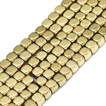 Electroplate Non-magnetic Synthetic Hematite Beads Strands, Cube, Real 18K Gold Plated, 3x3x3mm, Hole: 0.5mm, about 135pcs/strand, 15.75 inch(40cm)