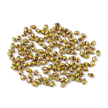 Electroplate Glass Beads, Half Golden Plated, Faceted, Teardrop, Yellow, 6x4x4mm, Hole: 1mm, about 500pcs/bag
