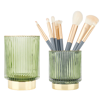 2Pcs 2 Style Glass Makeup Brush Holders, Office Pen Holder, Multi-Use Flatware Storage Cup, Column, Yellow Green, 6.9~8.7x7.95~12.8cm, Inner Diameter: 5.85~7.5cm, 1pc/style