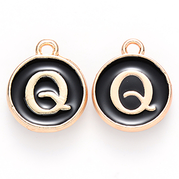 Golden Plated Alloy Charms, Cadmium Free & Lead Free, with Enamel, Enamelled Sequins, Flat Round with Letter, Black, Letter.Q, 14x12x2mm, Hole: 1.5mm