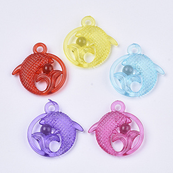 Transparent Acrylic Pendants, Dyed, Flat Round with Dolphin, Mixed Color, 27.5x26.5x6mm, Hole: 3mm, about 360pcs/500g