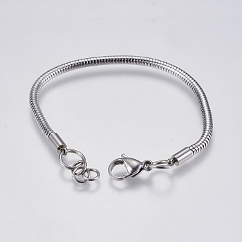 304 Stainless Steel Round Snake Chain Bracelet Making, with Lobster Claw Clasps, Stainless Steel Color, 6-7/8 inch(17.5cm), 3mm, Hole: 4mm