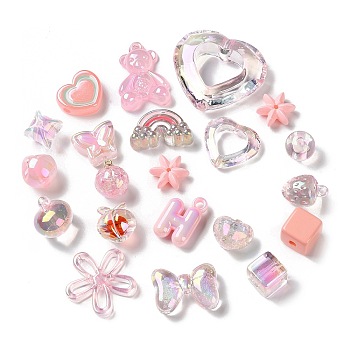 Mixed Style Acrylic Beads, Mixed Shape, Pink, 13~39.5x13.5~44x5~16mm, Hole: 1.8~5mm, about 180pcs/500g