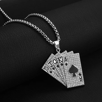 Alloy Full Crystal Rhinestone Playing Cards Pendant Necklaces, 201 Stainless Steel Box Chain Necklaces, Stainless Steel Color, Black, 23.54 inch(59.8cm)