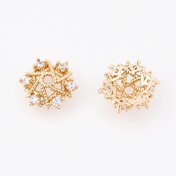 Brass Fancy Bead Caps, with Cubic Zirconia, Real 18K Gold Plated, Flower, Golden, 9.5x8.5x3mm, Hole: 1.5mm