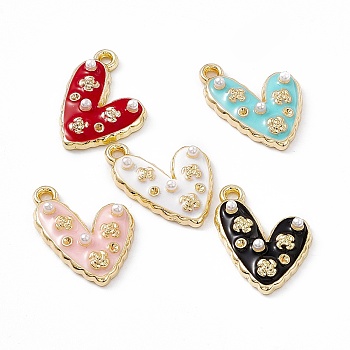 Alloy Enamel Pendants, with ABS Imitation Pearl Beads, Light Glod, Heart with Flower Charm, Mixed Color, 21x14.5x4mm, Hole: 1.6mm