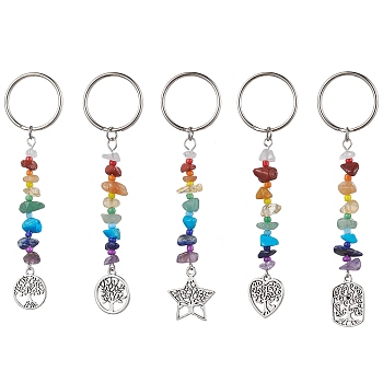 Tree of Life Tibetan Style Alloy Pendant Keychains, with Natural Gemstone Chip Beads and Iron Split Key Rings, Mixed Shapes, 10.1~10.5cm