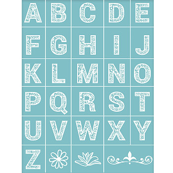 Self-Adhesive Silk Screen Printing Stencil, for Painting on Wood, DIY Decoration T-Shirt Fabric, 26 Alphabet and Flower, Sky Blue, 28x22cm